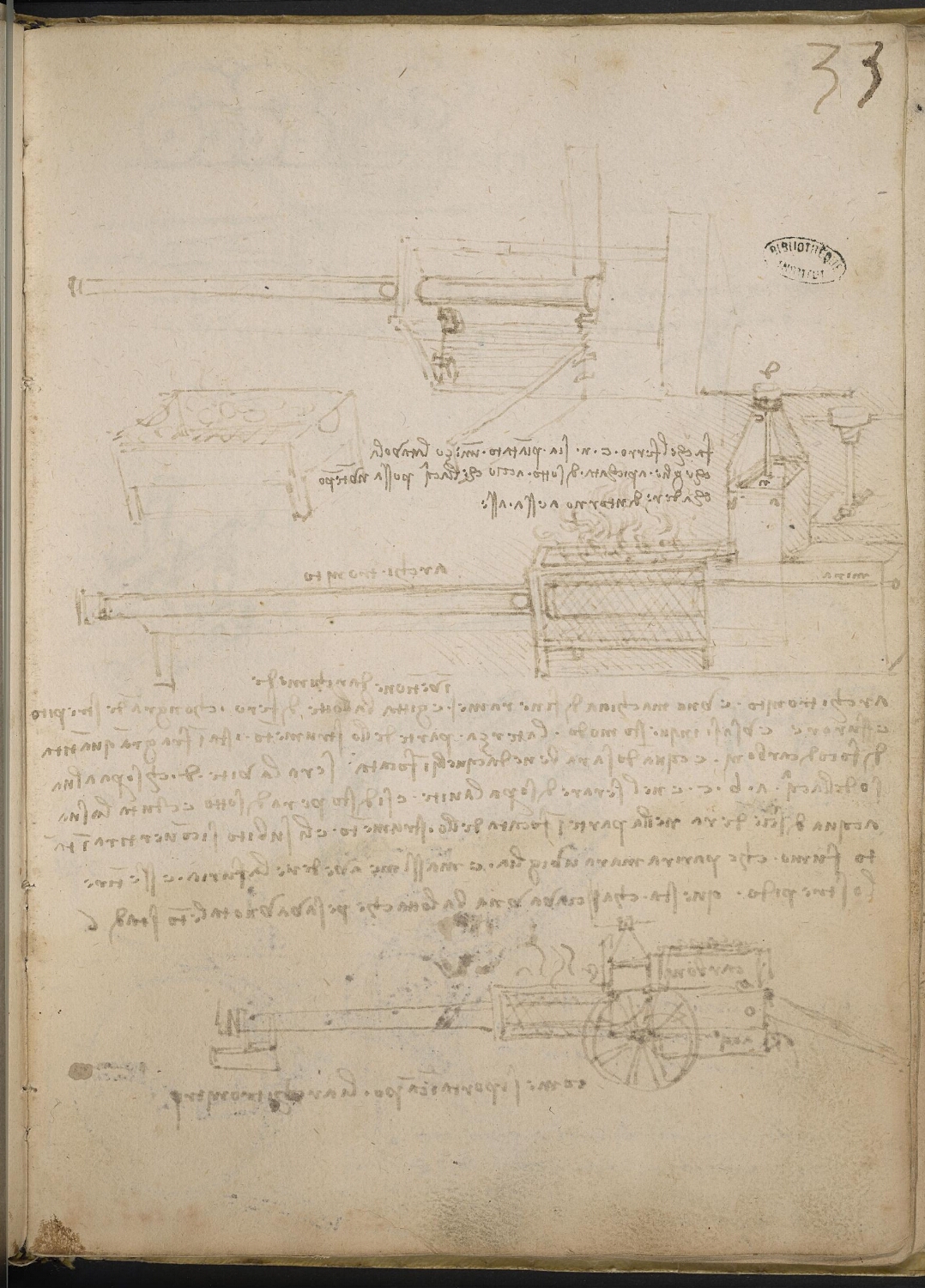 Ms 2173 (Manuscrit B), f. 33r : « Architronitro » ou architonnerre (canon à vapeur).