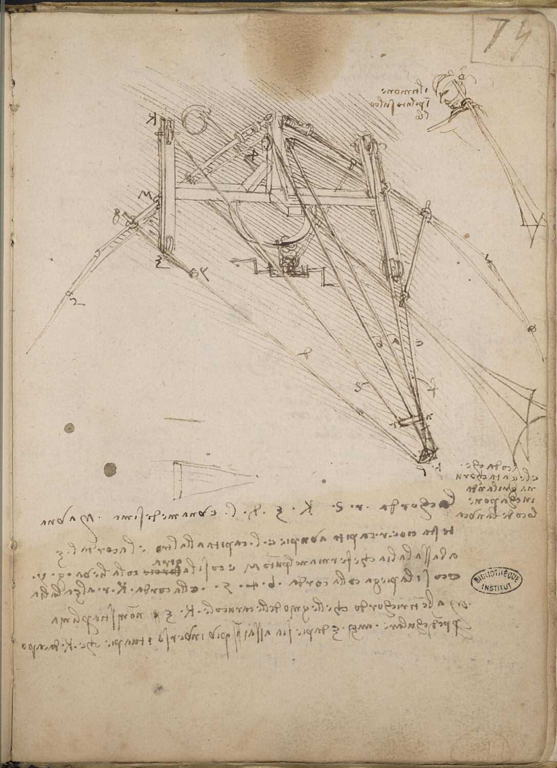 Ms 2173 (Manuscrit B), f. 74v : études de machines volantes. Ms 2173 (Manuscrit B), f. 75r : études de machines volantes.