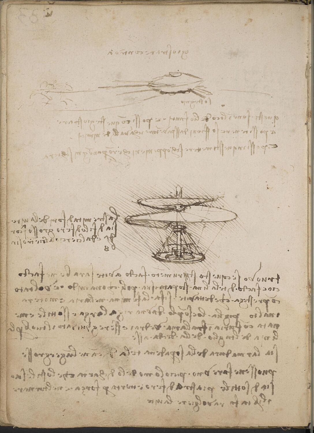 Ms 2173 (Manuscrit B), f. 83v : machine volante («vis aérienne »).