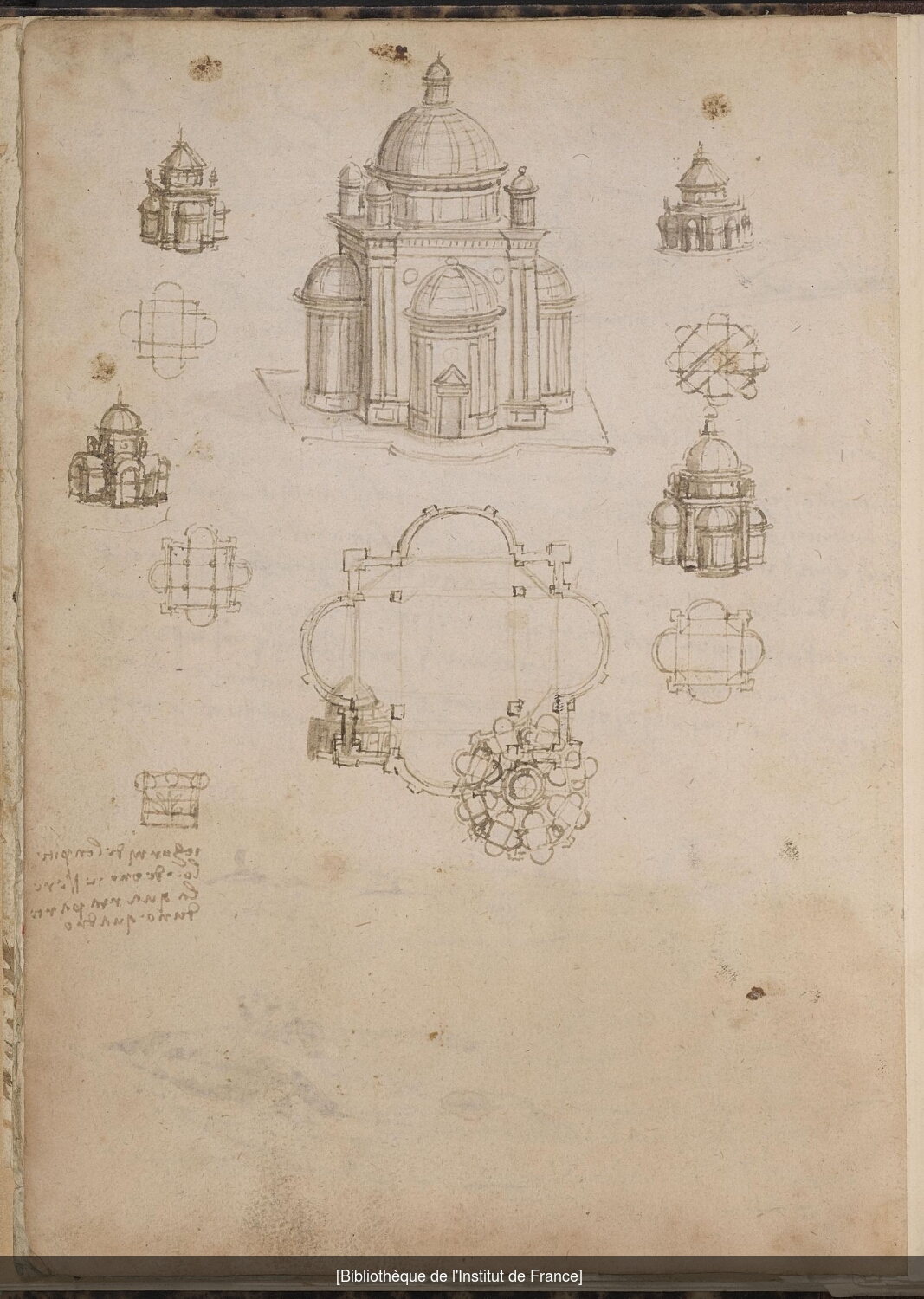 Ms 2184 (supplément B), f. 93v : plans et élévations d'église.