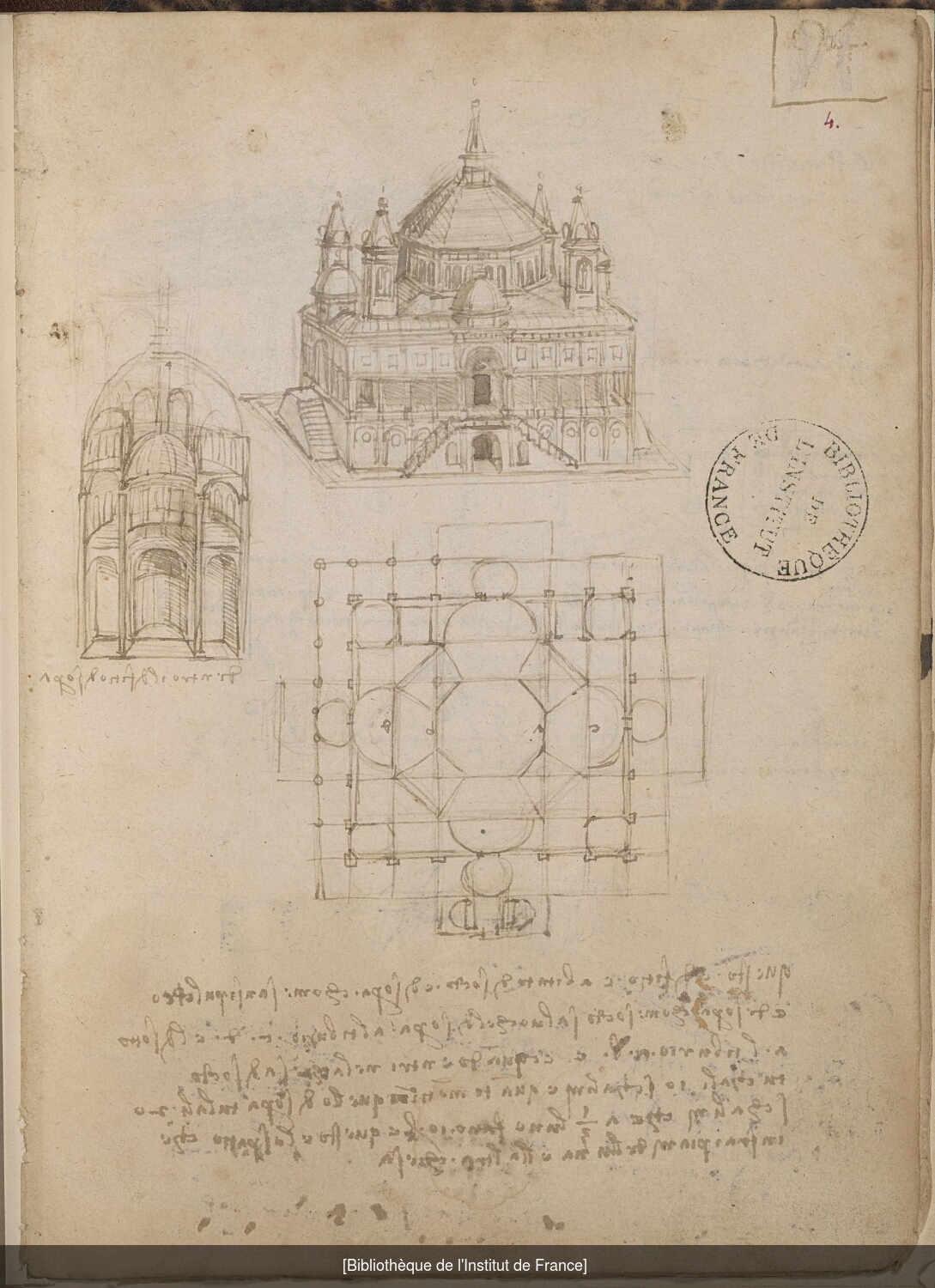 Ms 2184 (supplément B), f. 94r : plans et élévations d'église.