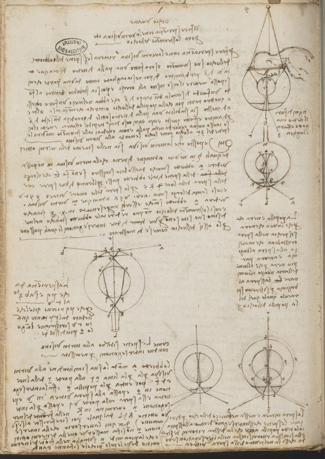 Ms 2175 (manuscrit D), f. 3v : notes et dessins sur l’œil humain et sur la manière de réaliser un grand œil de verre.