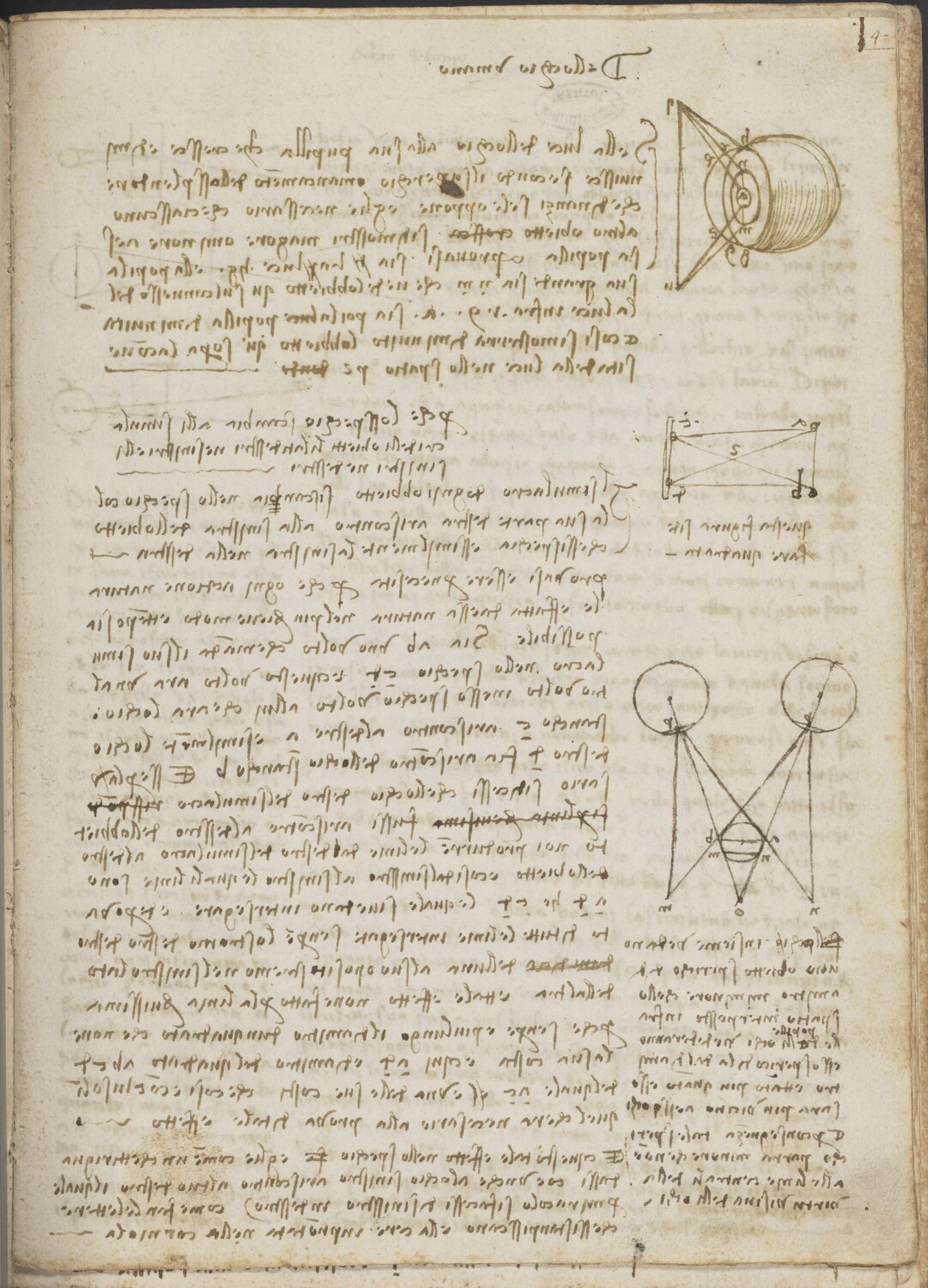 Ms 2175 (manuscrit D), f. 4r : notes et dessins sur l’œil humain et sur la manière de réaliser un grand œil de verre.