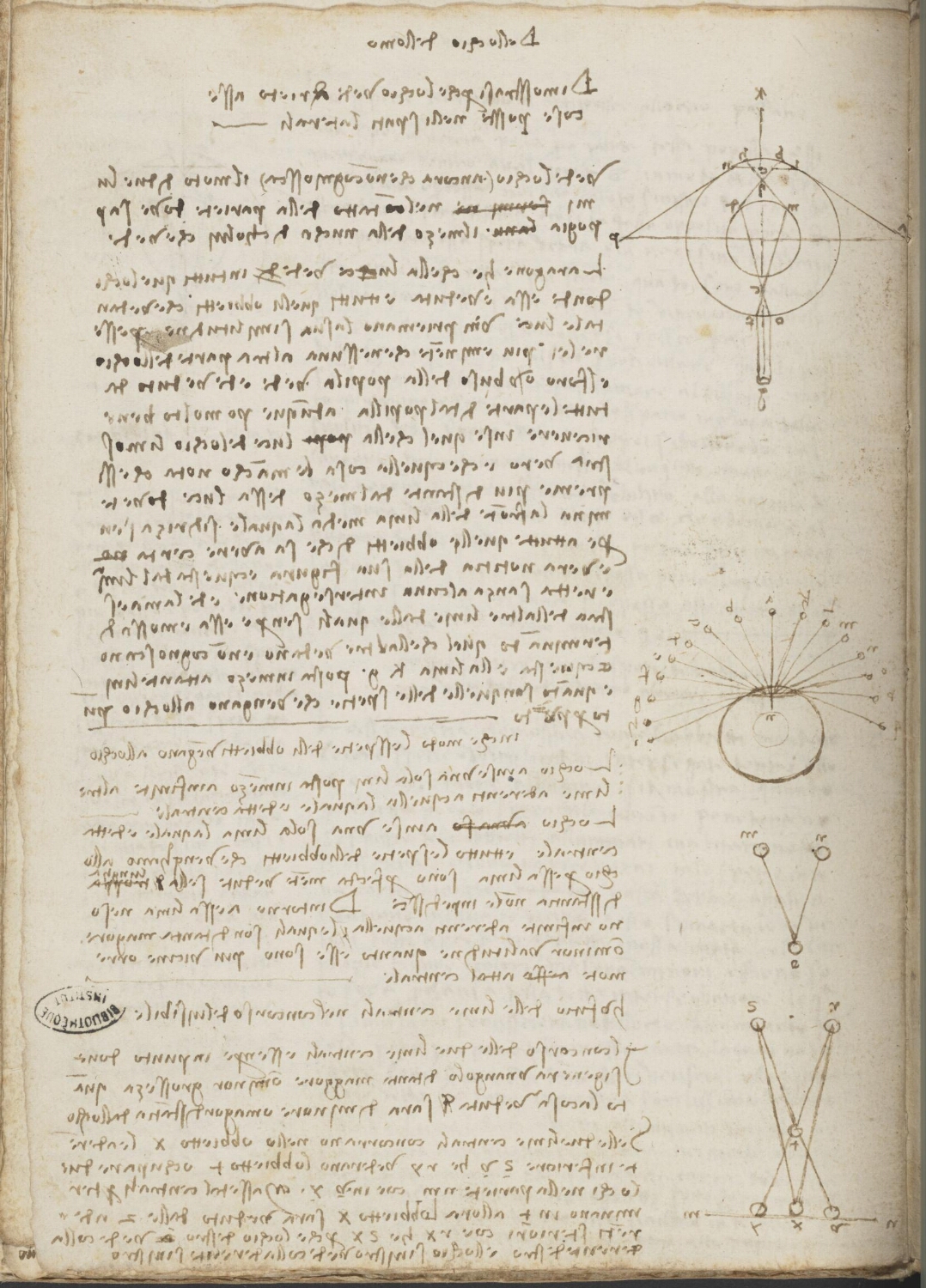 Ms 2175 (manuscrit D), f. 8v : études sur la vision et la façon dont l'oeil perçoit les images.