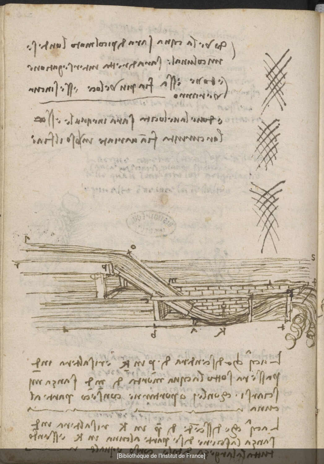 Ms 2177 (manuscrit F), f. 20v : textes sur l’hydraulique, vagues créées à la surface de l'eau par la confluence de deux cours d'eau, écoulement de l’eau.