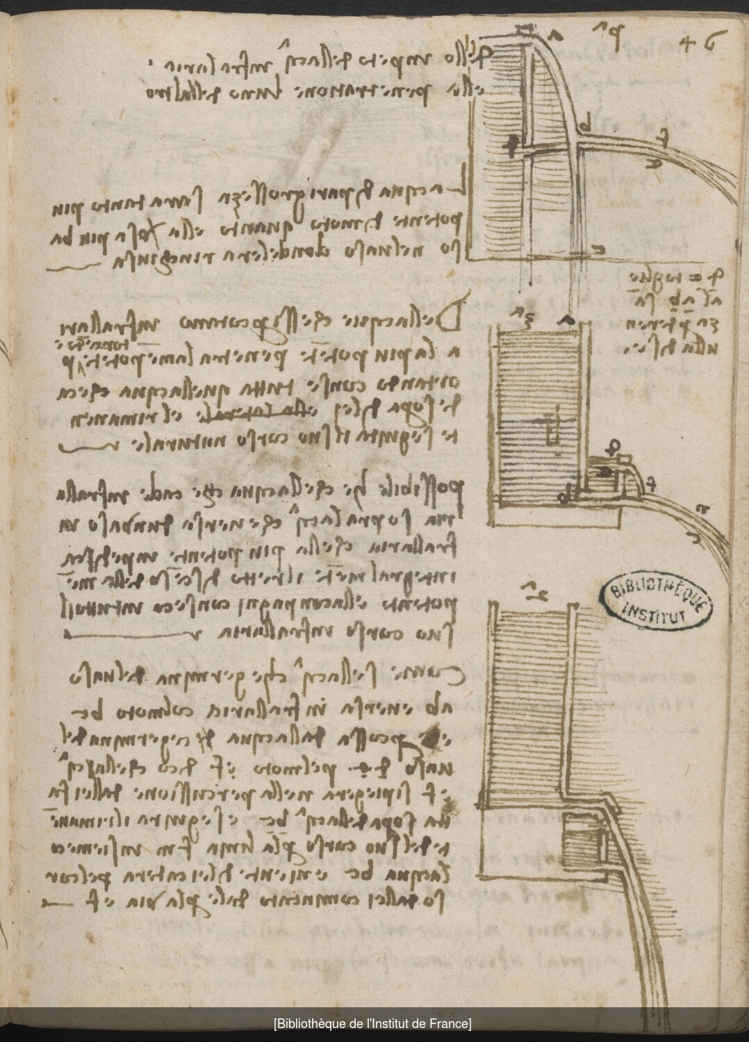 Ms 2177 (manuscrit F), f. 46r : études de jets d’eau.