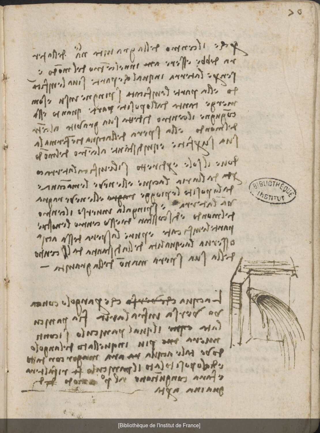 Ms 2177 (manuscrit F), f. 70r : études sur la chute de l’eau.
