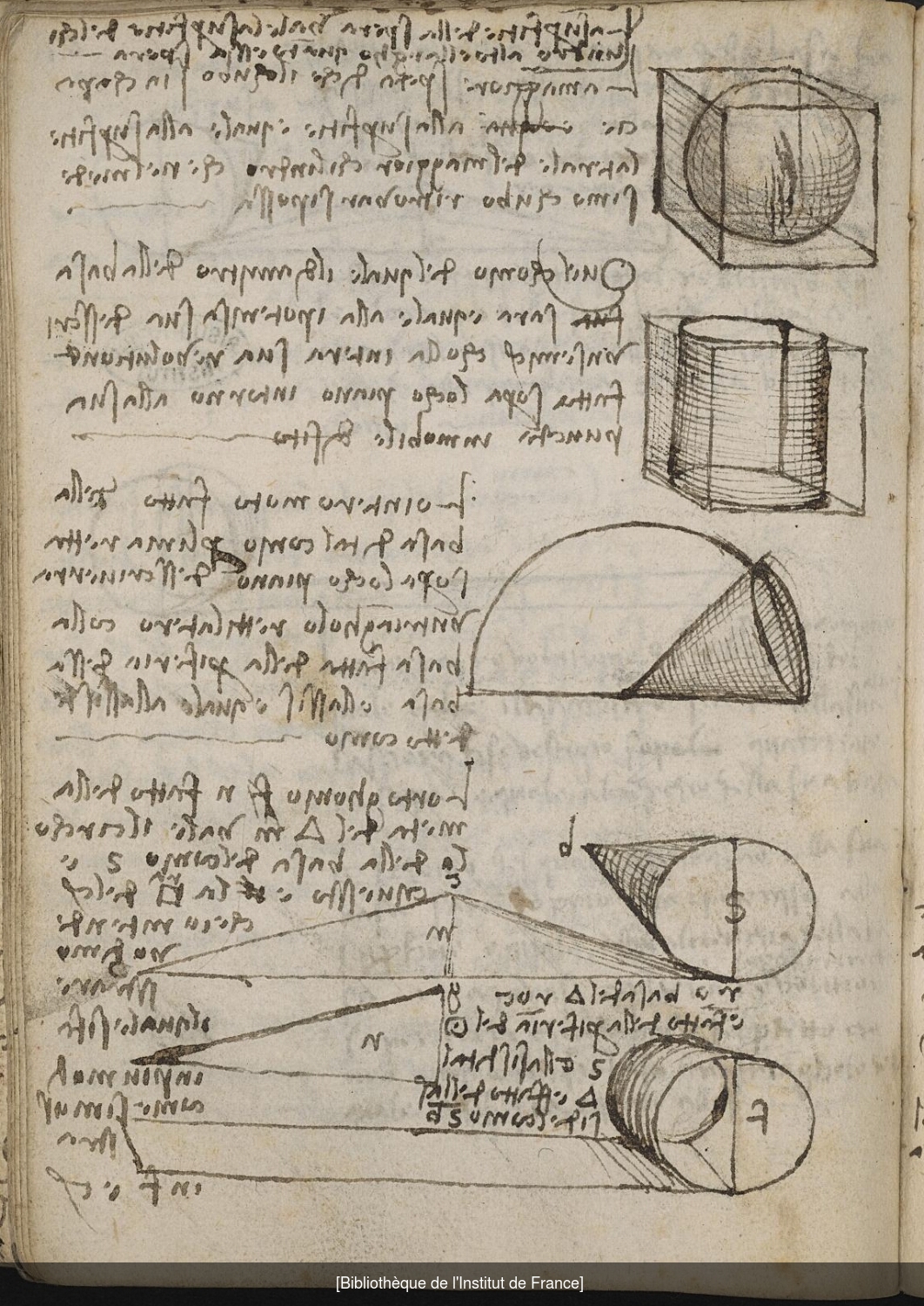 Ms 2178 (manuscrit G), f. 61v : géométrie et mouvement, quadrature du cercle.