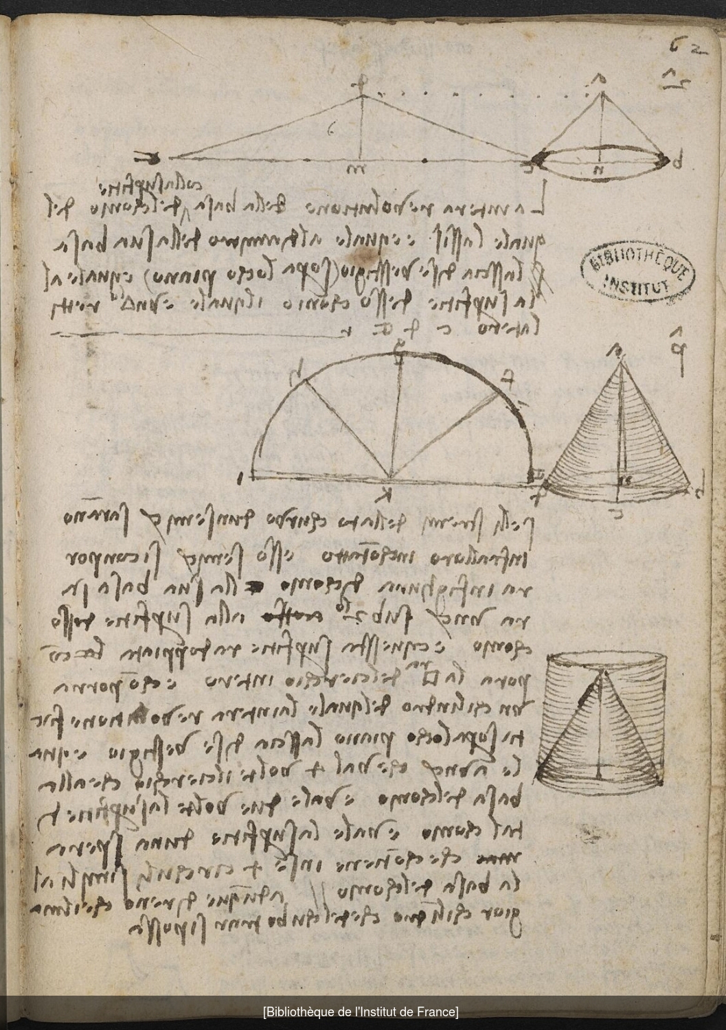 Ms 2178 (manuscrit G), f. 62r : géométrie et mouvement, quadrature du cercle.