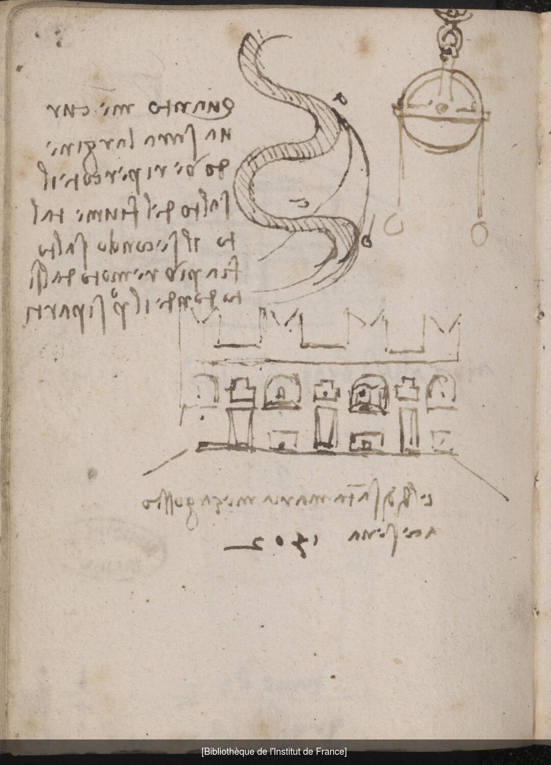 Ms 2182 (manuscrit L), f. 36v, dessins de rempart crénelé, de meurtrières et de mâchicoulis.