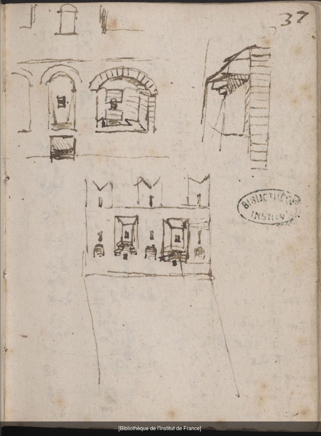 Ms 2182 (manuscrit L), f. 36v, dessins de rempart crénelé, de meurtrières et de mâchicoulis. Ms 2182 (manuscrit L), f. 37r, dessins de rempart crénelé, de meurtrières et de mâchicoulis.