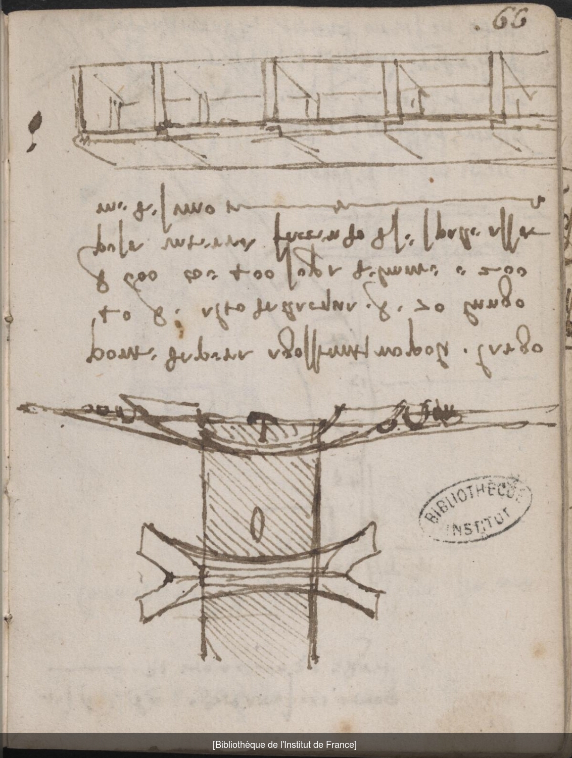 Ms 2182 (manuscrit L), , f. 66. Projet de pont. Léonard avait conçu l’idée d’un pont sur la Corne d’Or pour réunir Pera à Constantinople.